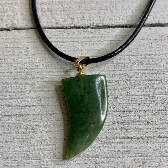 Handmade Other - Vintage 1970's Green Jade Claw Pendant Necklace Adjustable Black Cord Chain 20"